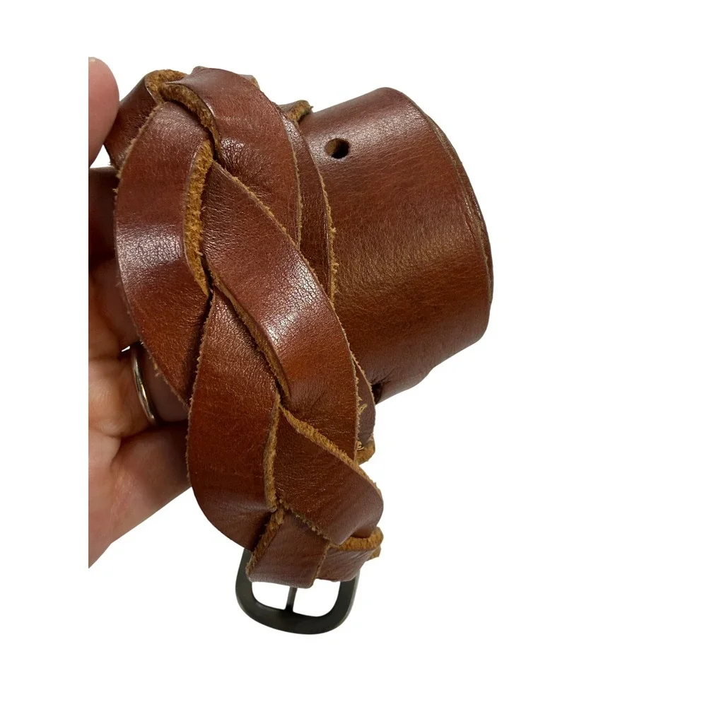Gap Braided Belt Womens M Brown Excellent Genuine Leather Wide Woven Buckle